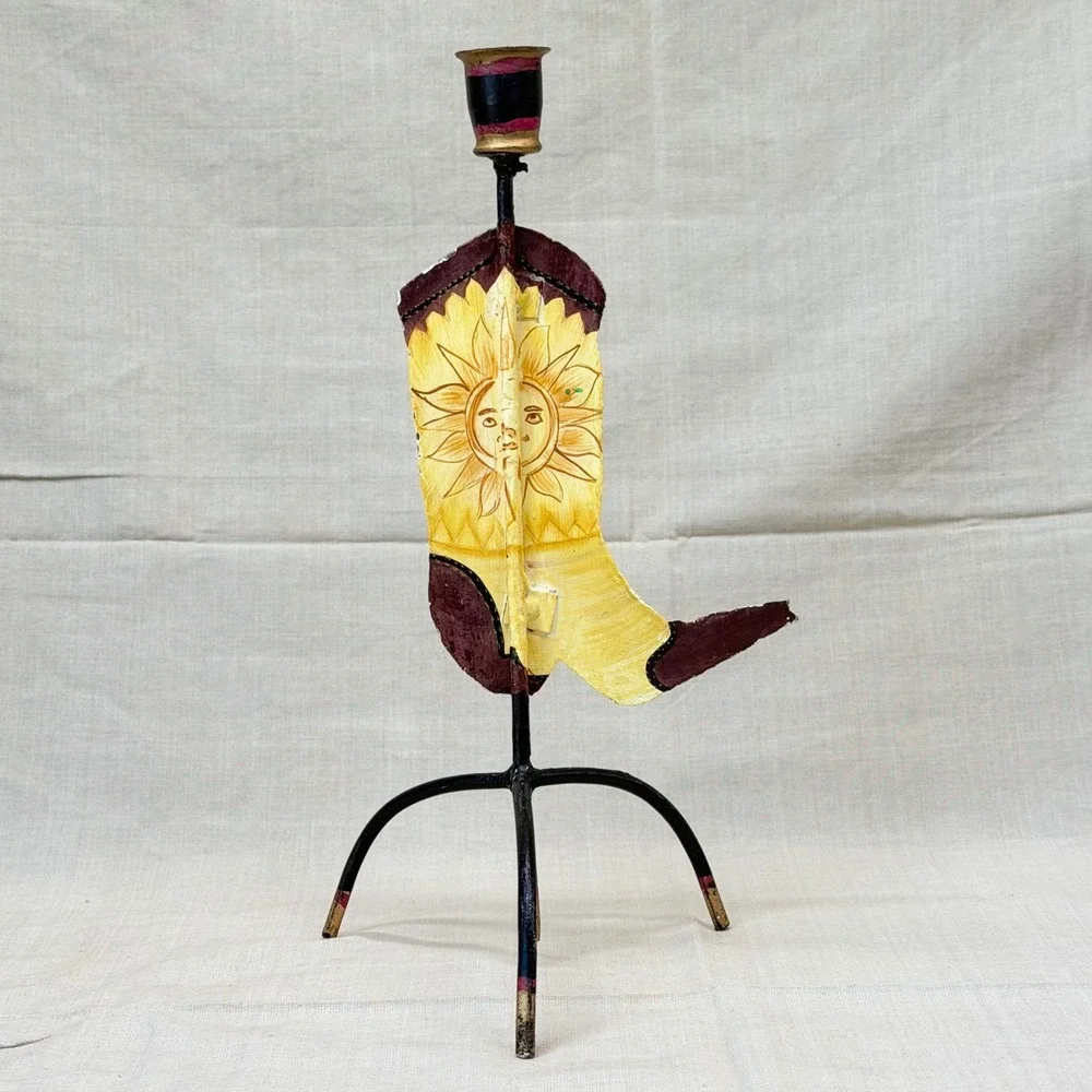 Vintage‎ Folk Art Boot Candle Holder Sun Face Southwestern Boho Decor Whimsygoth